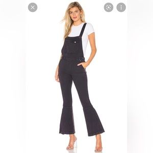 Chaser Black Denim Flared Overalls Jumpsuit